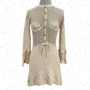 Stoned Immaculate Birkin Crochet Mini Dress Cream Tan Gold Beach Resort Size S